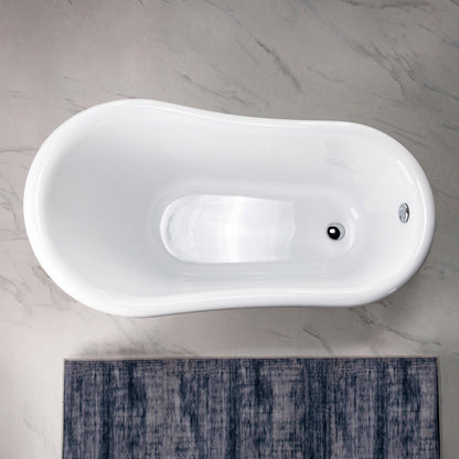 WoodBridge 54" White Acrylic Slipper Clawfoot Bath Tub With Chrome Feet, Drain and Overflow