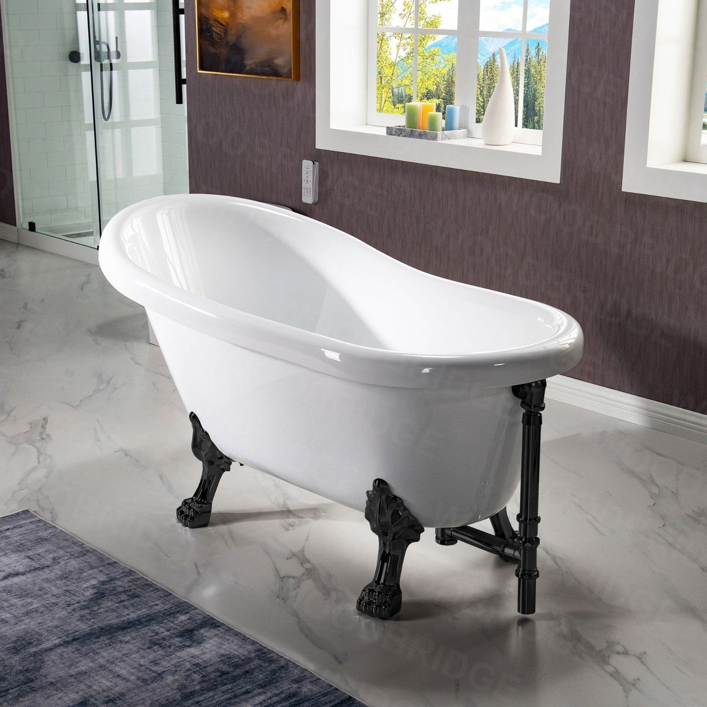 WoodBridge 54" White Acrylic Slipper Clawfoot Bath Tub With Matte Black Feet, Drain, Overflow, F0072MBRD Tub Filler and Caddy Tray