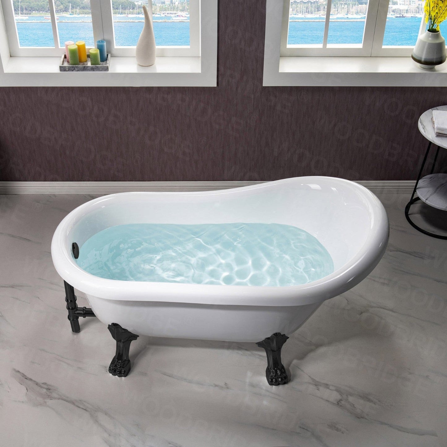 WoodBridge 54" White Acrylic Slipper Clawfoot Bath Tub With Matte Black Feet, Drain, Overflow, F0072MBVT Tub Filler and Caddy Tray