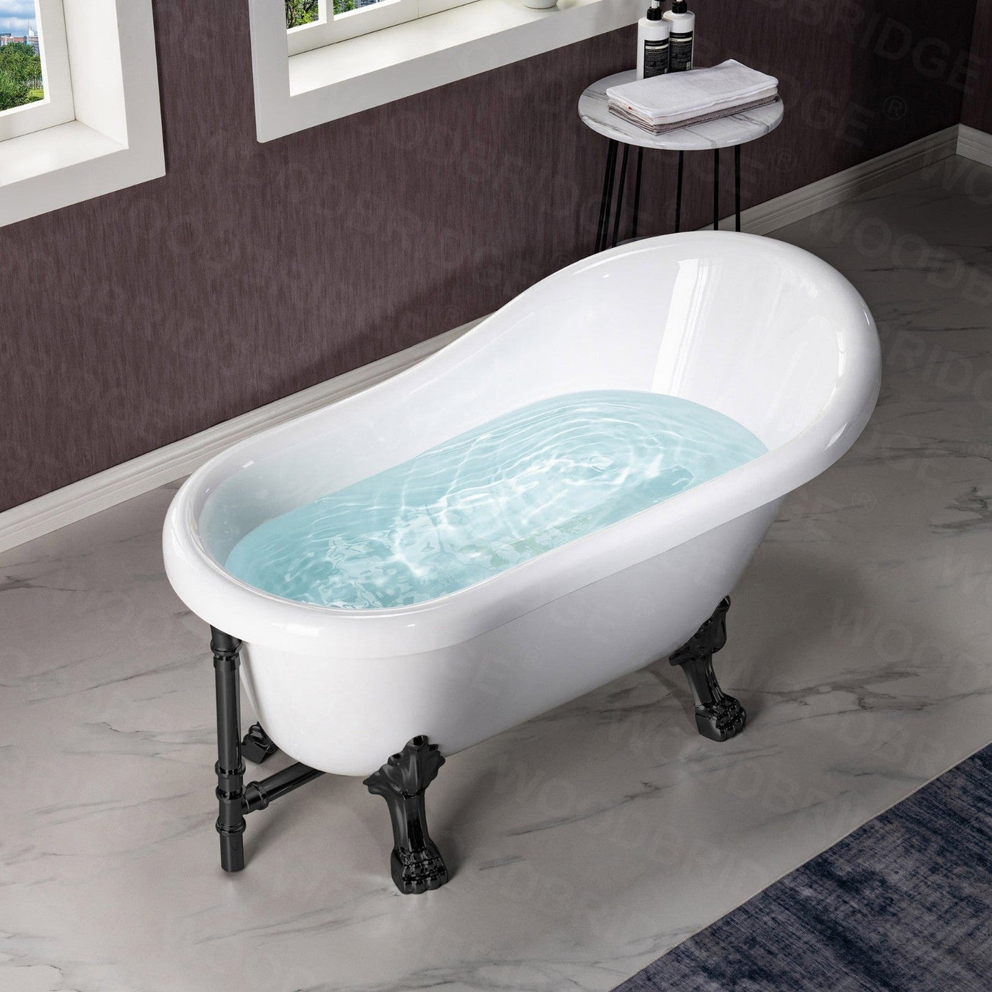 WoodBridge 54" White Acrylic Slipper Clawfoot Bath Tub With Matte Black Feet, Drain, Overflow, F0072MBRD Tub Filler and Caddy Tray