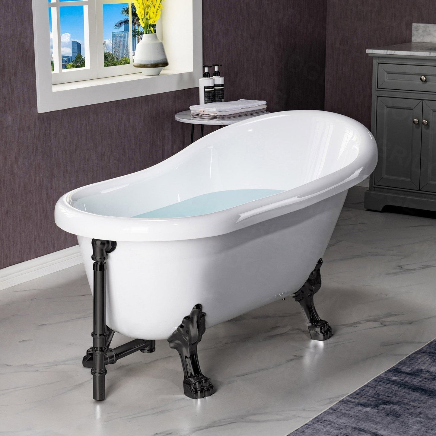 WoodBridge 54" White Acrylic Slipper Clawfoot Bath Tub With Matte Black Feet, Drain, Overflow, F0072MBRD Tub Filler and Caddy Tray