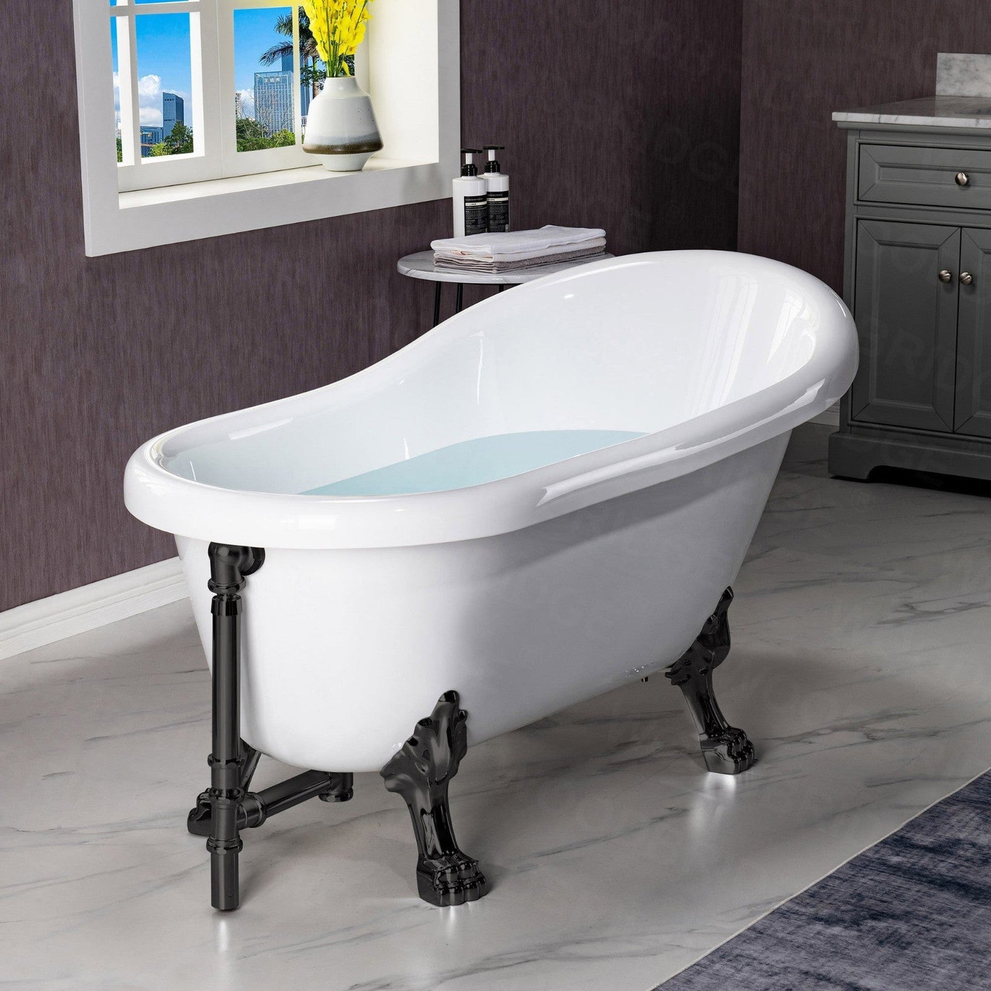 WoodBridge 54" White Acrylic Slipper Clawfoot Bath Tub With Matte Black Feet, Drain, Overflow, F0072MBRD Tub Filler and Caddy Tray