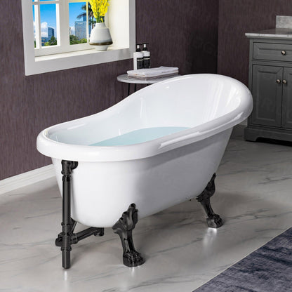 WoodBridge 54" White Acrylic Slipper Clawfoot Bath Tub With Matte Black Feet, Drain, Overflow, F0072MBRD Tub Filler and Caddy Tray