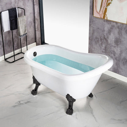 WoodBridge 54" White Acrylic Slipper Clawfoot Bath Tub With Matte Black Feet, Drain, Overflow, F0072MBRD Tub Filler and Caddy Tray