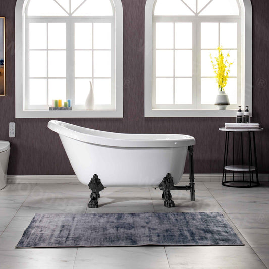 WoodBridge 54" White Acrylic Slipper Clawfoot Bath Tub With Matte Black Feet, Drain, Overflow, F0072MBRD Tub Filler and Caddy Tray