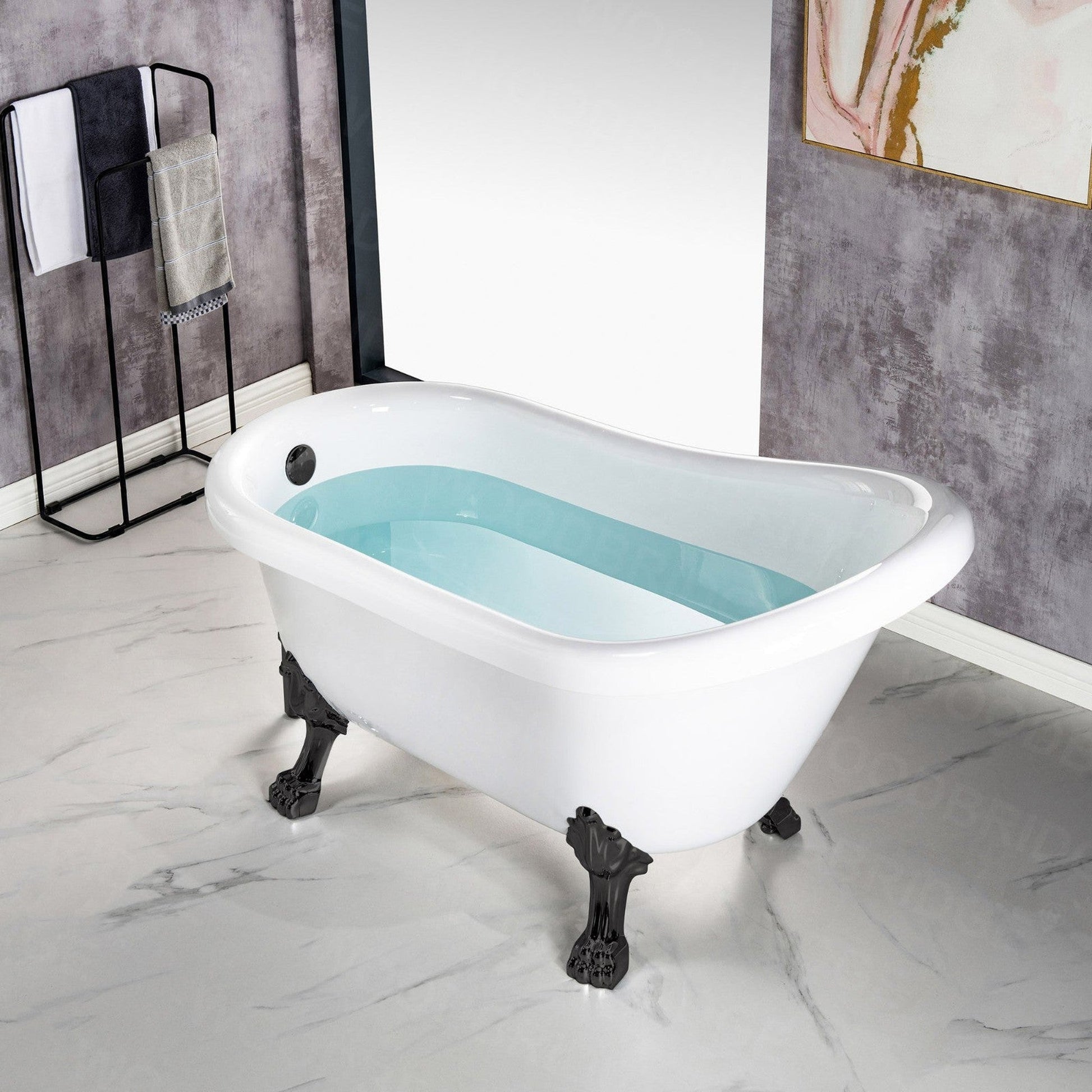 WoodBridge 54" White Acrylic Slipper Clawfoot Bath Tub With Matte Black Feet, Drain, Overflow, F0072MBVT Tub Filler and Caddy Tray