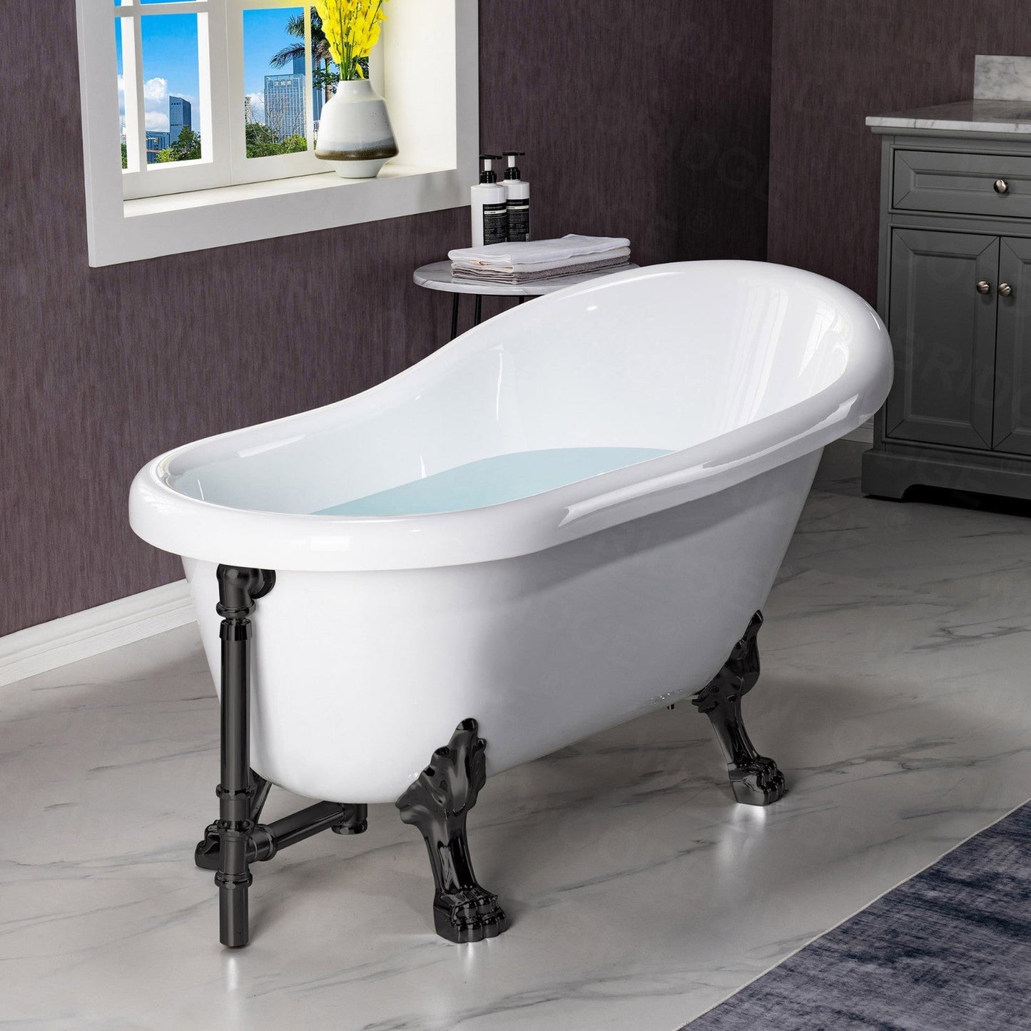 WoodBridge 54" White Acrylic Slipper Clawfoot Bath Tub With Matte Black Feet, Drain and Overflow