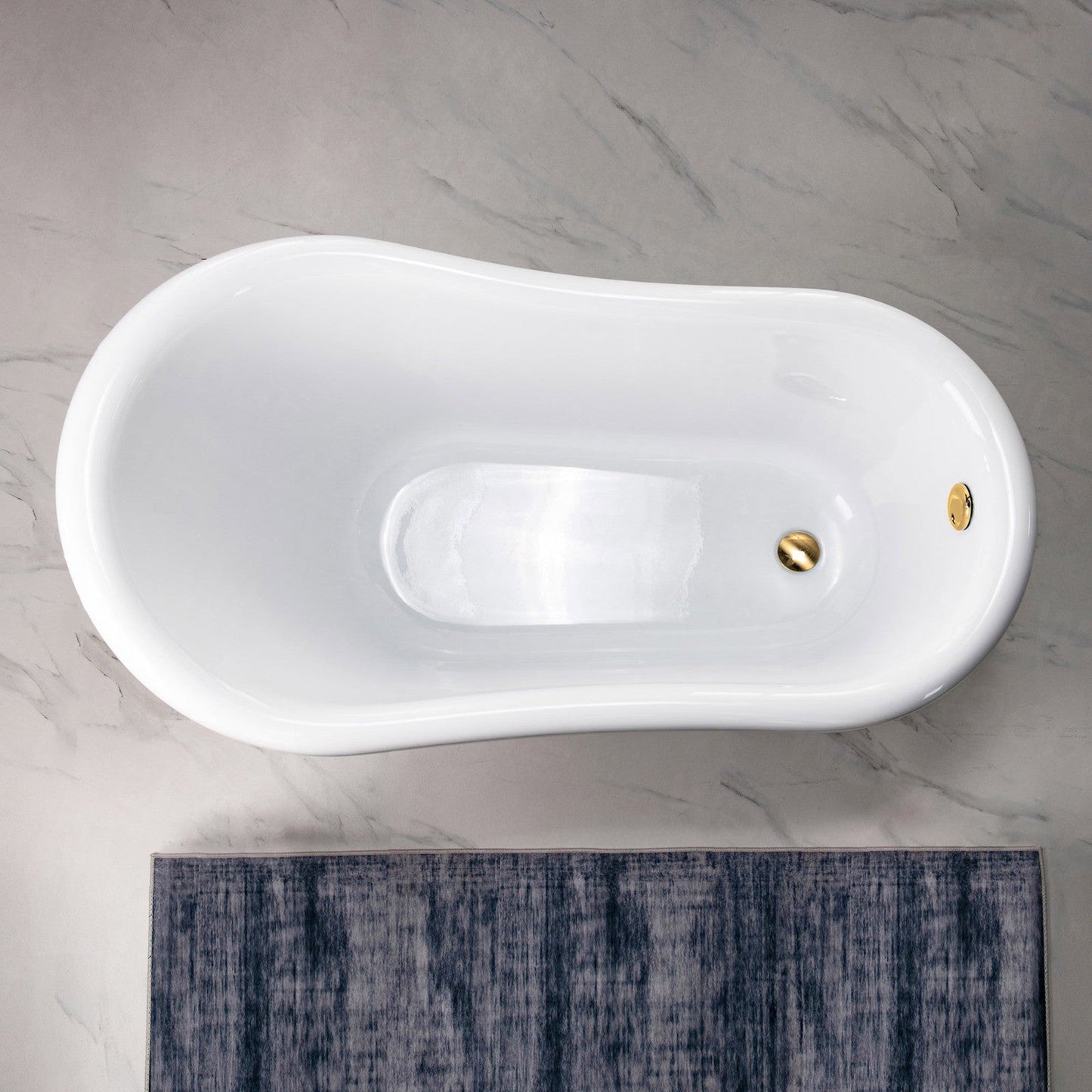 WoodBridge 54" White Acrylic Slipper Clawfoot Bath Tub With Polished Gold Feet, Drain, Overflow, F-0019PG Tub Filler and Caddy Tray