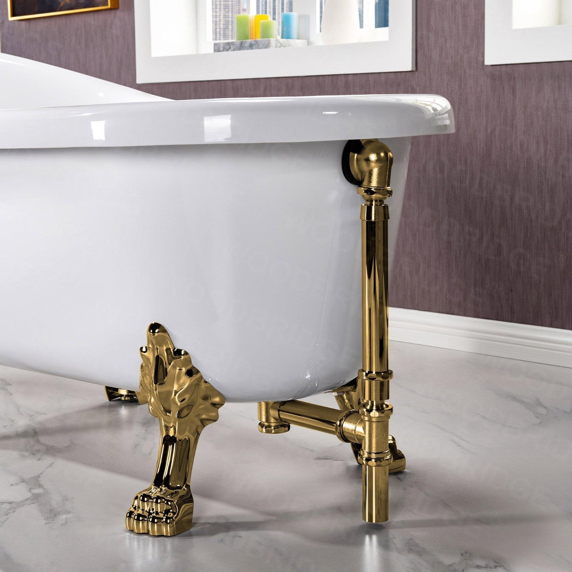 WoodBridge 54" White Acrylic Slipper Clawfoot Bath Tub With Polished Gold Feet, Drain, Overflow, F-0019PG Tub Filler and Caddy Tray