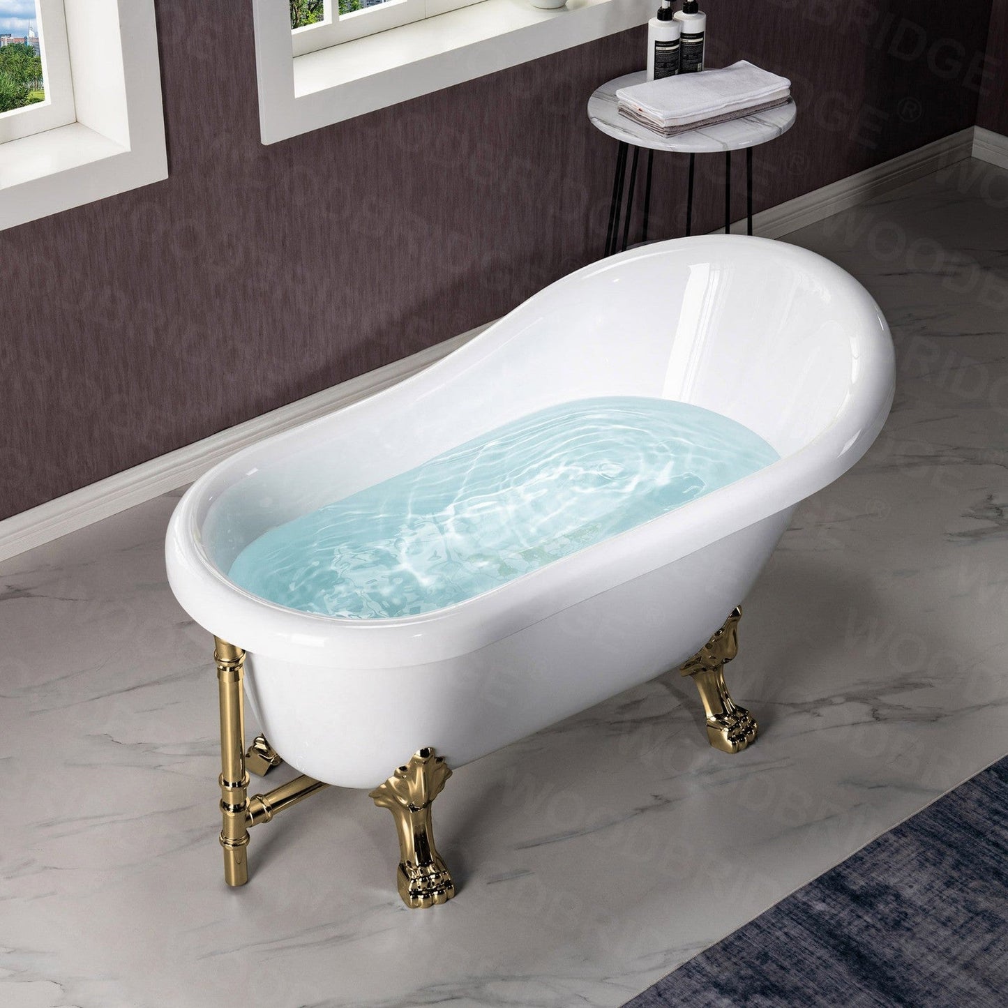 WoodBridge 54" White Acrylic Slipper Clawfoot Bath Tub With Polished Gold Feet, Drain, Overflow, F-0019PG Tub Filler and Caddy Tray