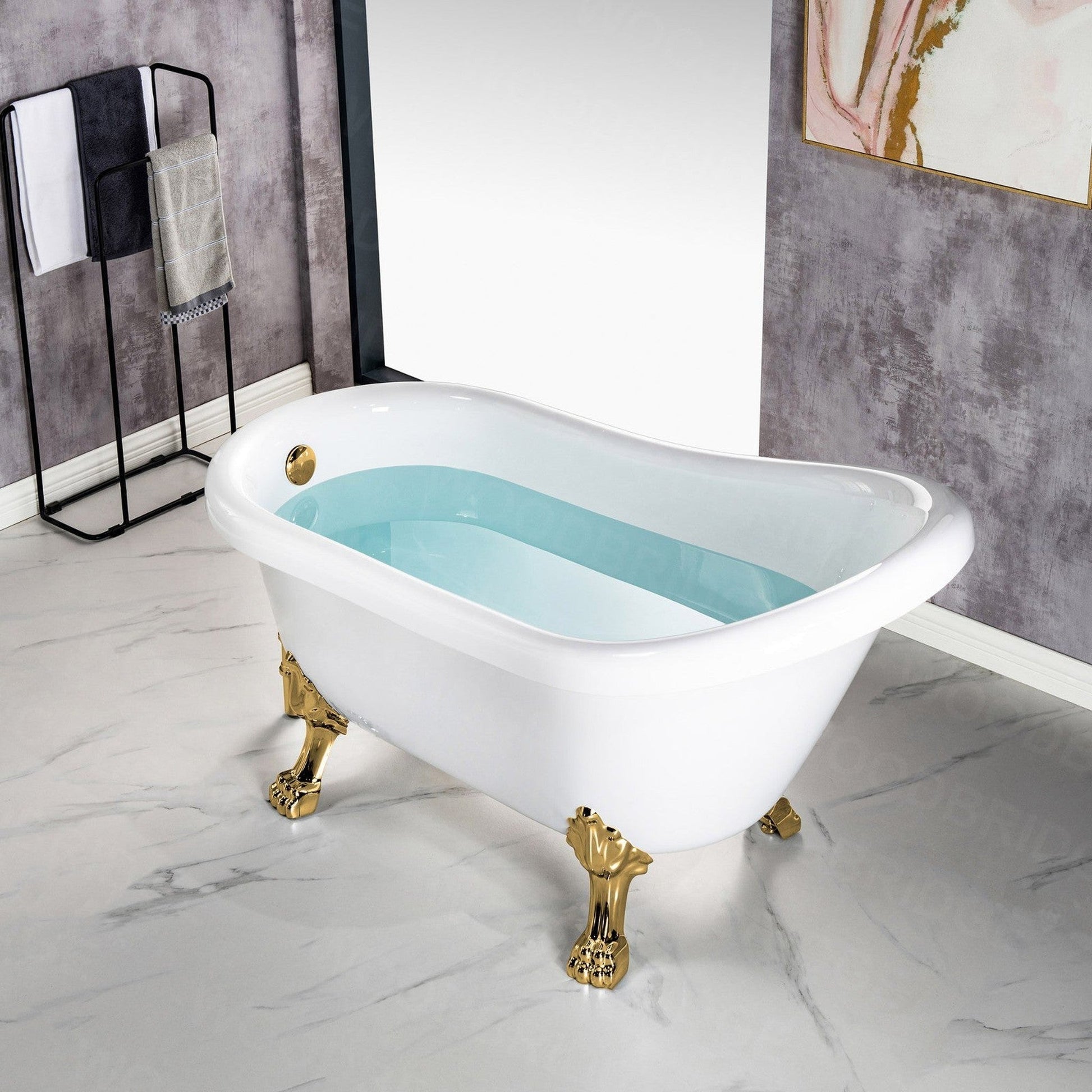 WoodBridge 54" White Acrylic Slipper Clawfoot Bath Tub With Polished Gold Feet, Drain, Overflow, F-0019PG Tub Filler and Caddy Tray