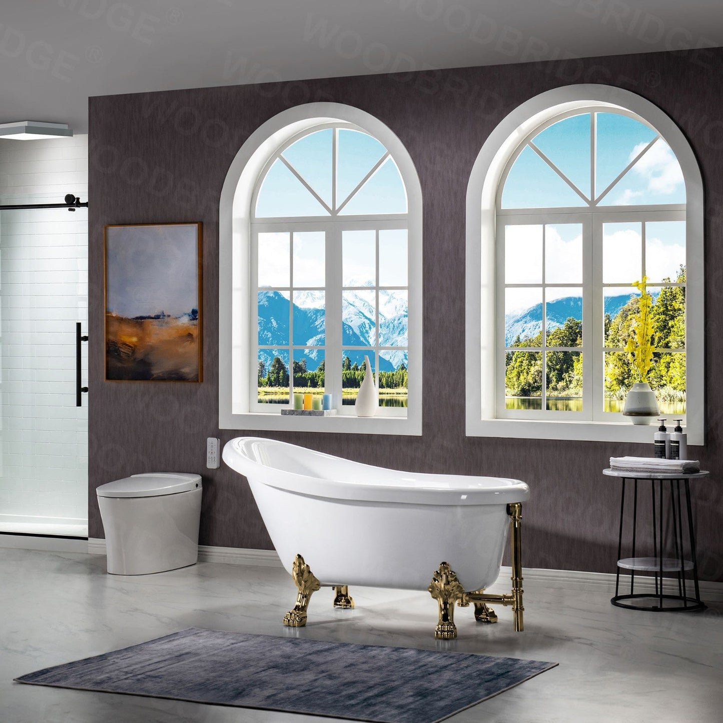 WoodBridge 54" White Acrylic Slipper Clawfoot Bath Tub With Polished Gold Feet, Drain and Overflow