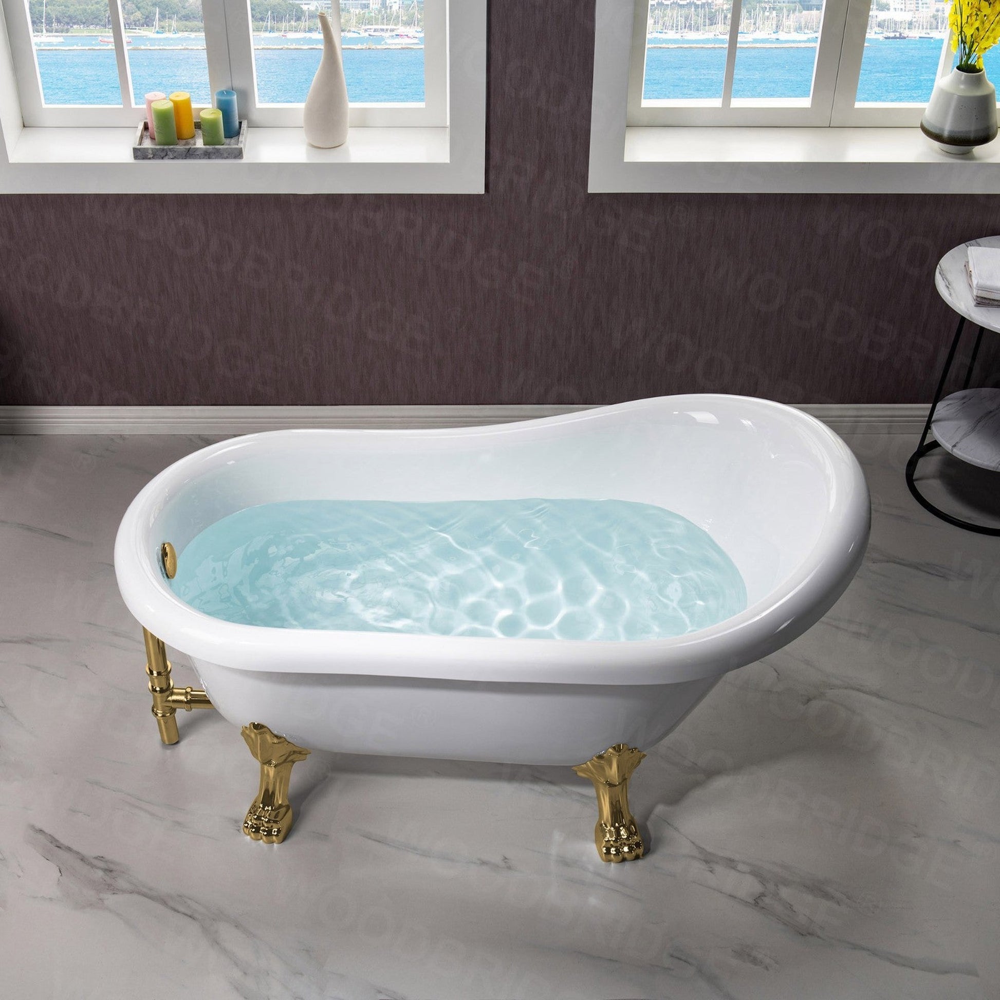 WoodBridge 54" White Acrylic Slipper Clawfoot Bath Tub With Polished Gold Feet, Drain and Overflow