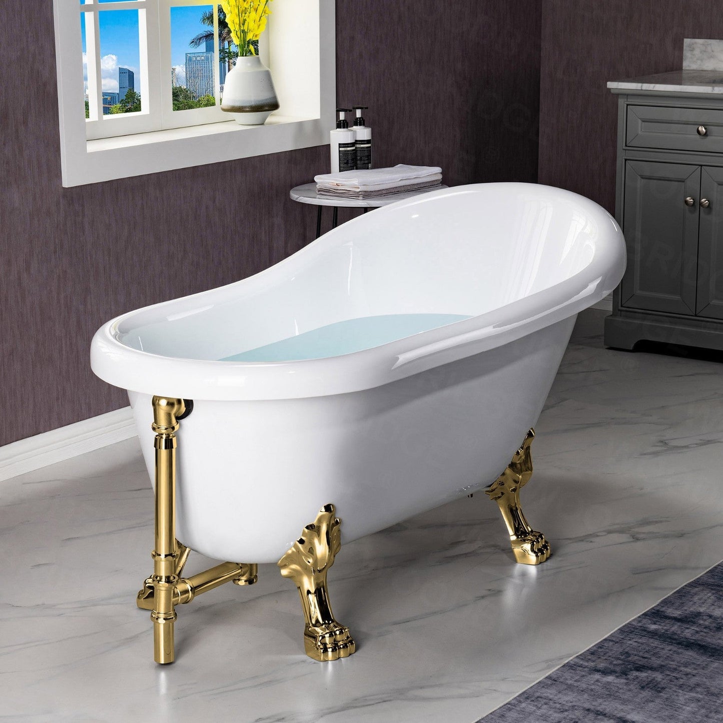 WoodBridge 54" White Acrylic Slipper Clawfoot Bath Tub With Polished Gold Feet, Drain and Overflow