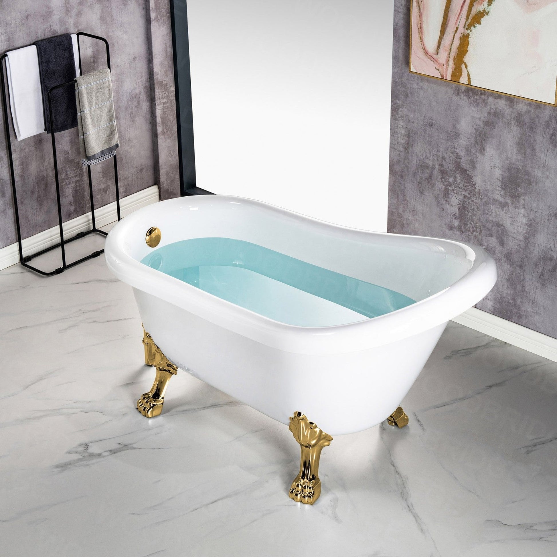 WoodBridge 54" White Acrylic Slipper Clawfoot Bath Tub With Polished Gold Feet, Drain and Overflow