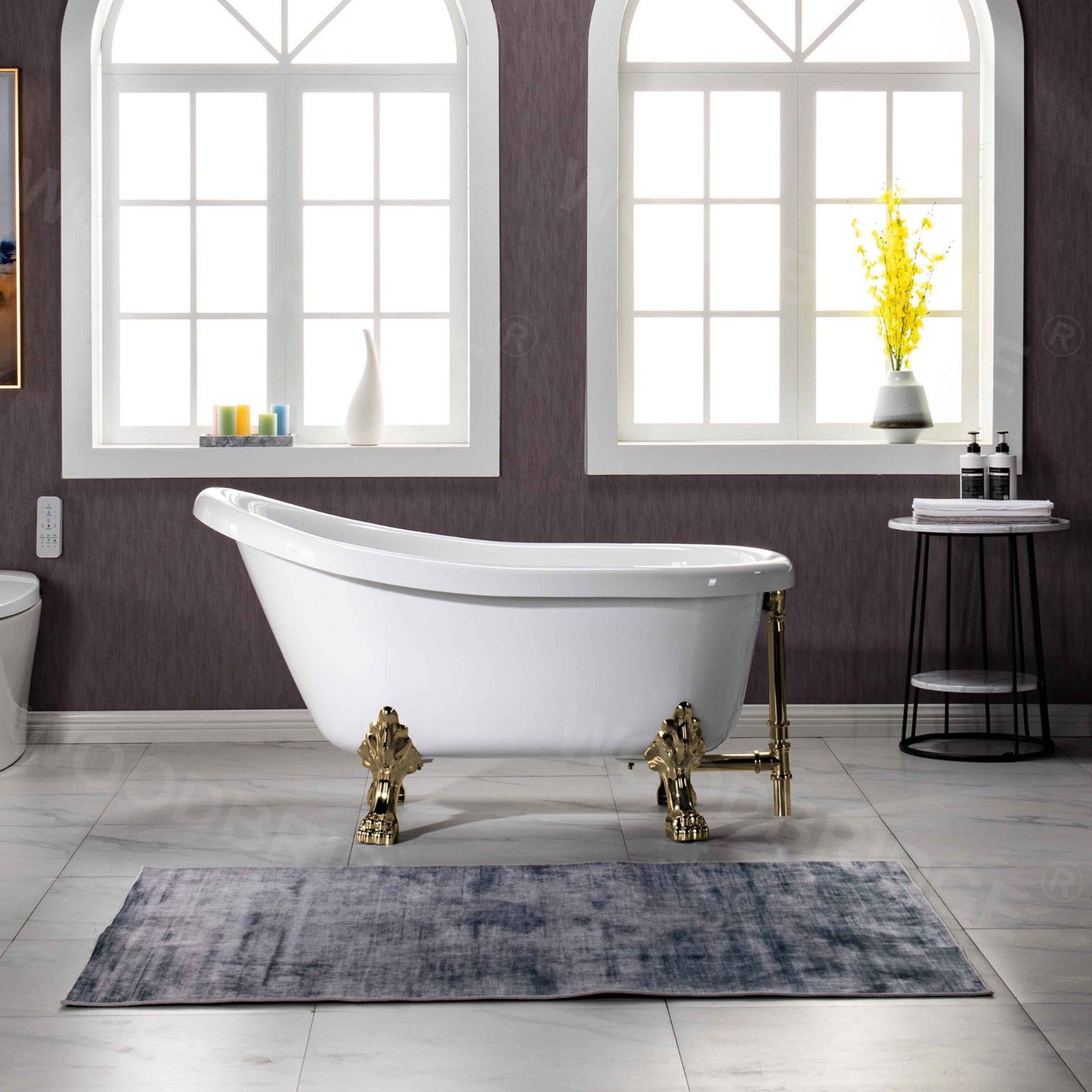 WoodBridge 54" White Acrylic Slipper Clawfoot Bath Tub With Polished Gold Feet, Drain and Overflow