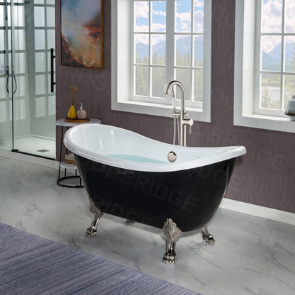 WoodBridge 59" Black Acrylic Double Slipper Clawfoot Bath Tub With Brushed Nickel Feet, Drain, Overflow, F0070BNVT Tub Filler and Caddy Tray