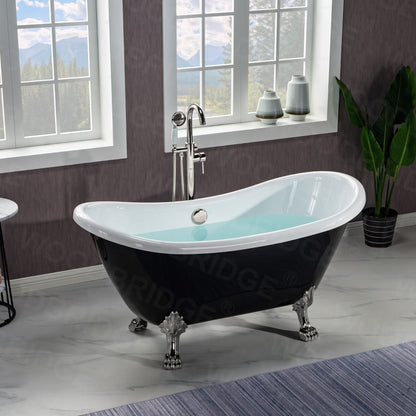 WoodBridge 59" Black Acrylic Double Slipper Clawfoot Bath Tub With Brushed Nickel Feet, Drain, Overflow, F0070BNVT Tub Filler and Caddy Tray