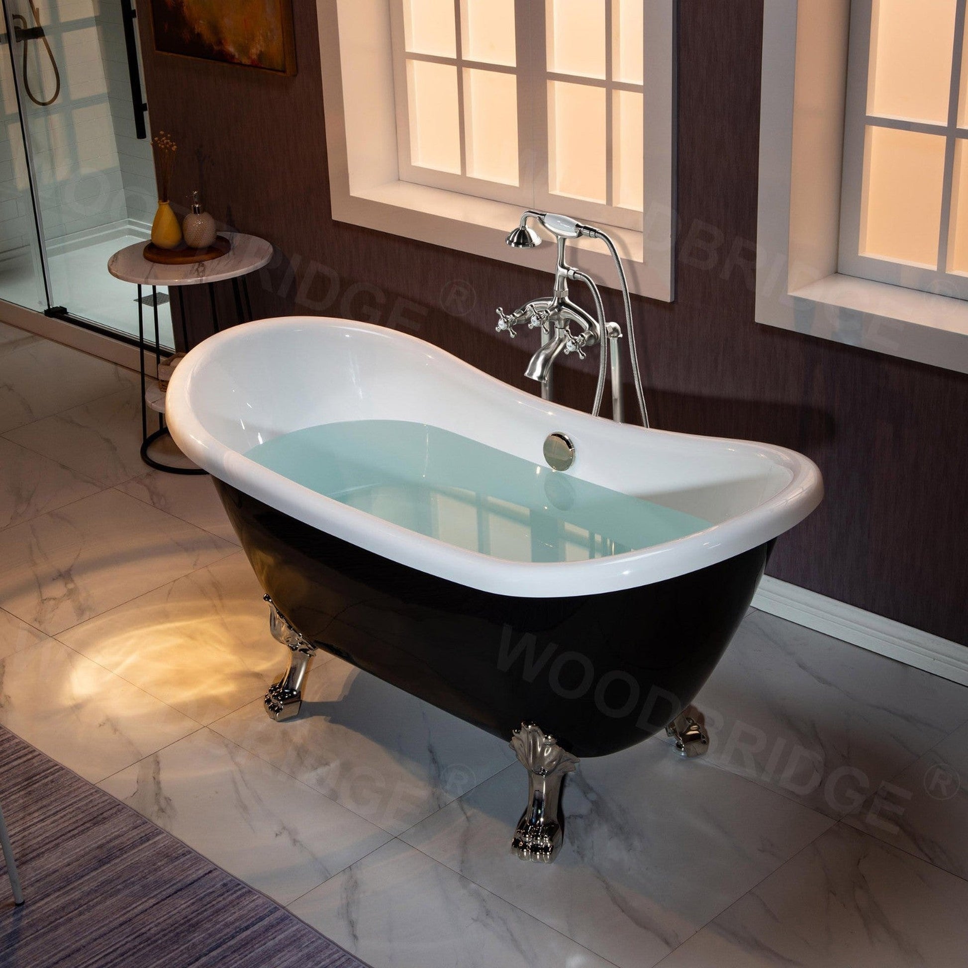 WoodBridge 59" Black Acrylic Double Slipper Clawfoot Bath Tub With Brushed Nickel Feet, Drain, Overflow, F0070BNVT Tub Filler and Caddy Tray