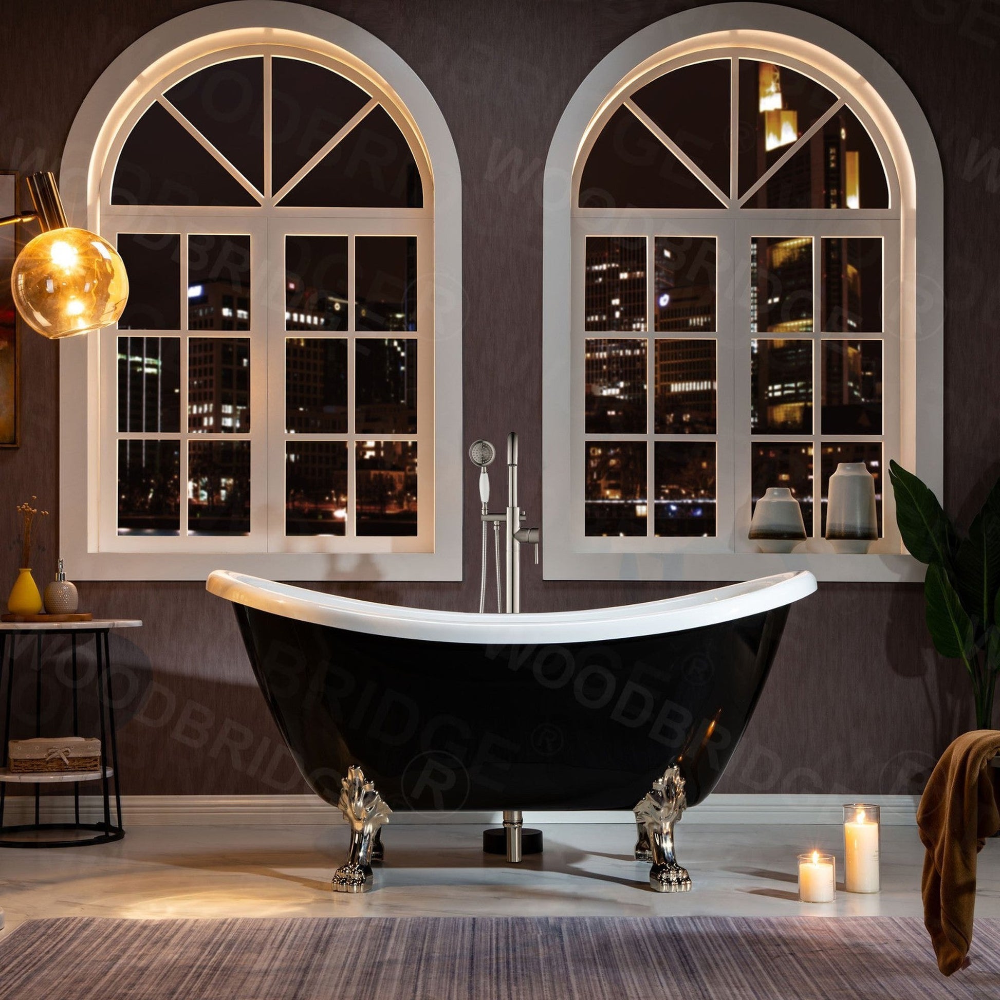 WoodBridge 59" Black Acrylic Double Slipper Clawfoot Bath Tub With Brushed Nickel Feet, Drain and Overflow