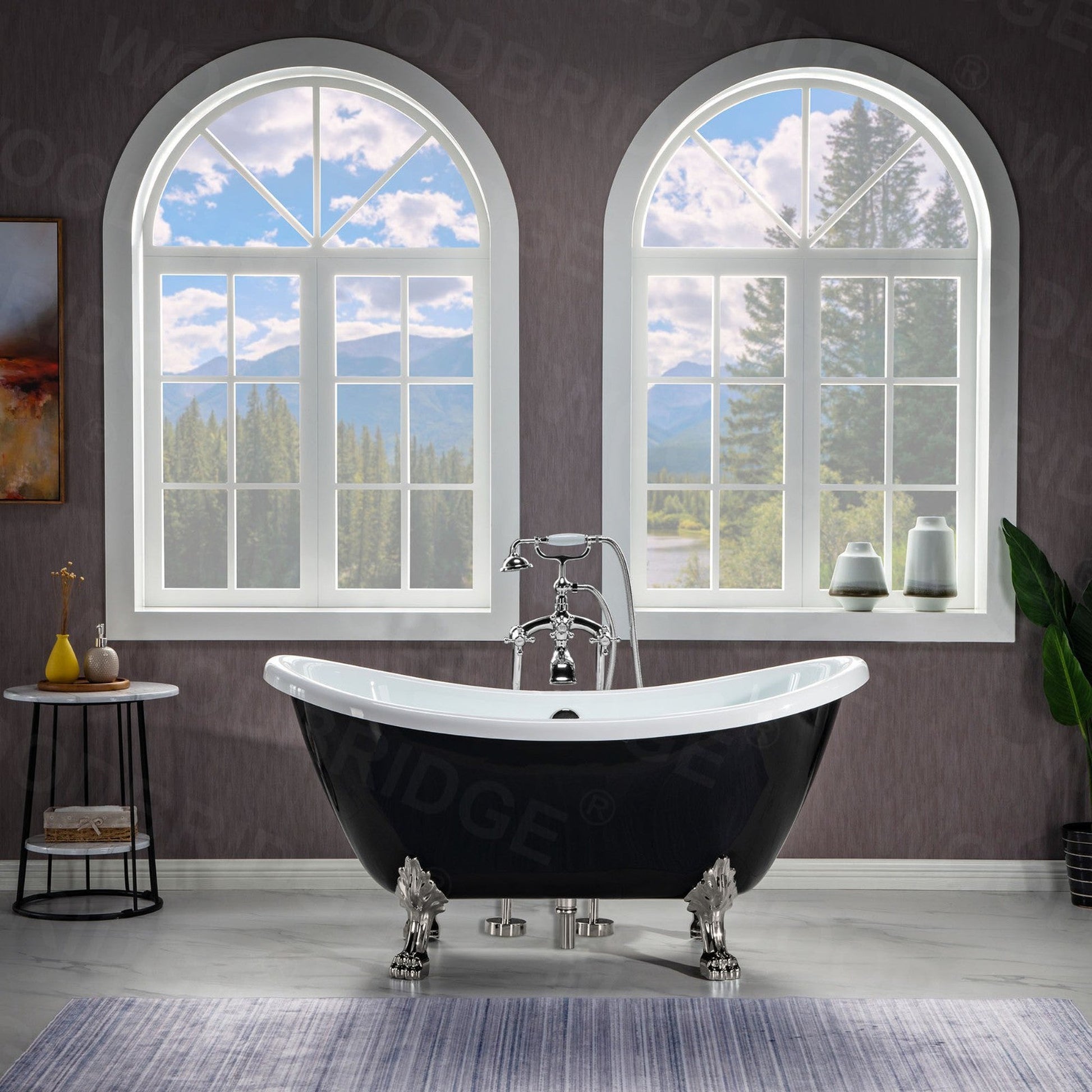 WoodBridge 59" Black Acrylic Double Slipper Clawfoot Bath Tub With Brushed Nickel Feet, Drain and Overflow