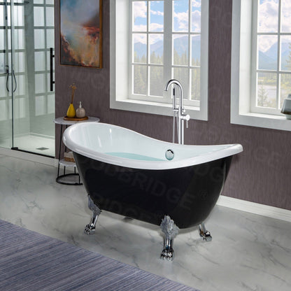 WoodBridge 59" Black Acrylic Double Slipper Clawfoot Bath Tub With Chrome Feet, Drain, Overflow, F0071CHVT Tub Filler and Caddy Tray