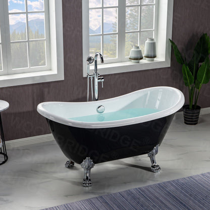 WoodBridge 59" Black Acrylic Double Slipper Clawfoot Bath Tub With Chrome Feet, Drain, Overflow, F0071CHVT Tub Filler and Caddy Tray