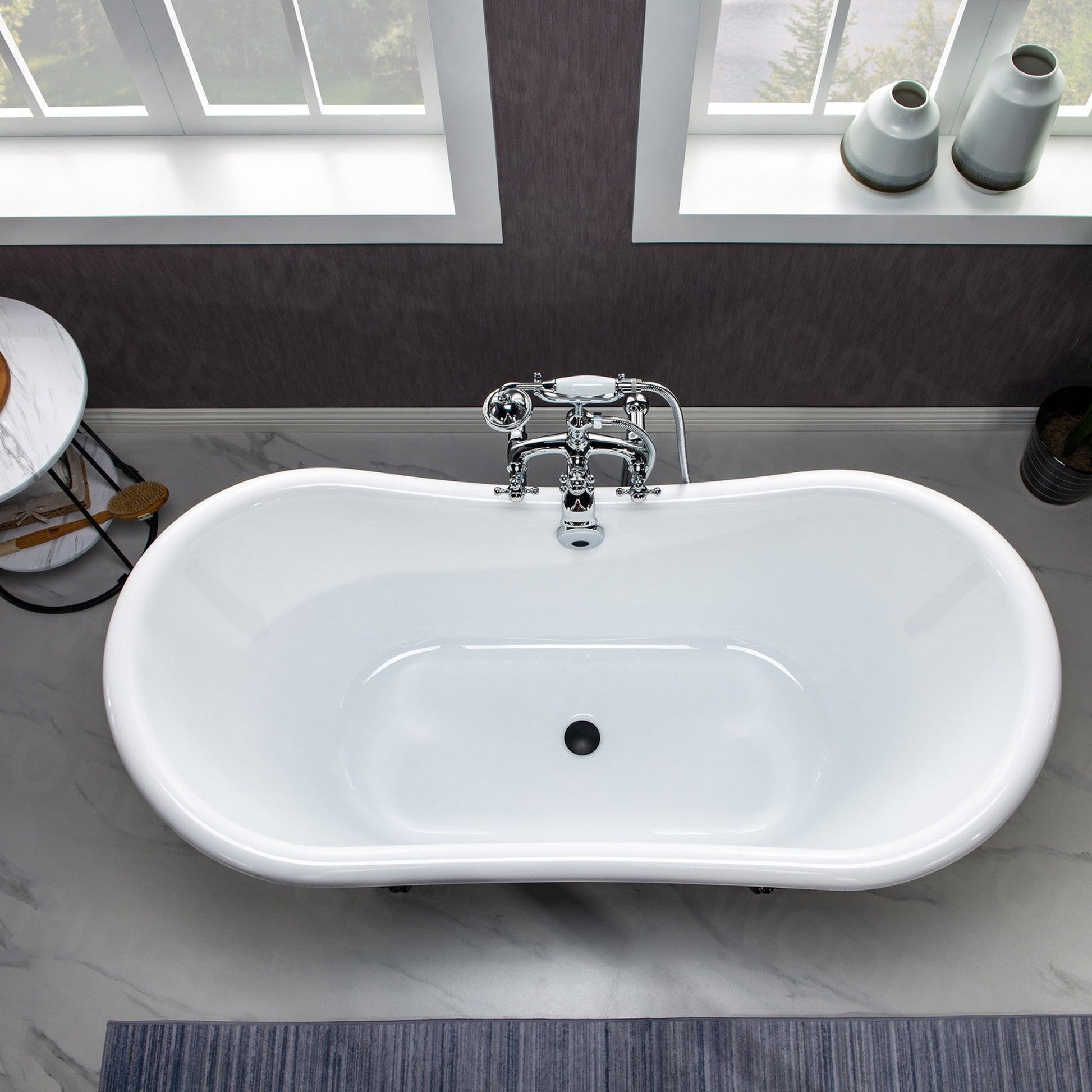 WoodBridge 59" Black Acrylic Double Slipper Clawfoot Bath Tub With Chrome Feet, Drain and Overflow