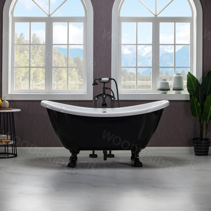 WoodBridge 59" Black Acrylic Double Slipper Clawfoot Bath Tub With Matte Black Feet, Drain, Overflow, F0072MBVT Tub Filler and Caddy Tray