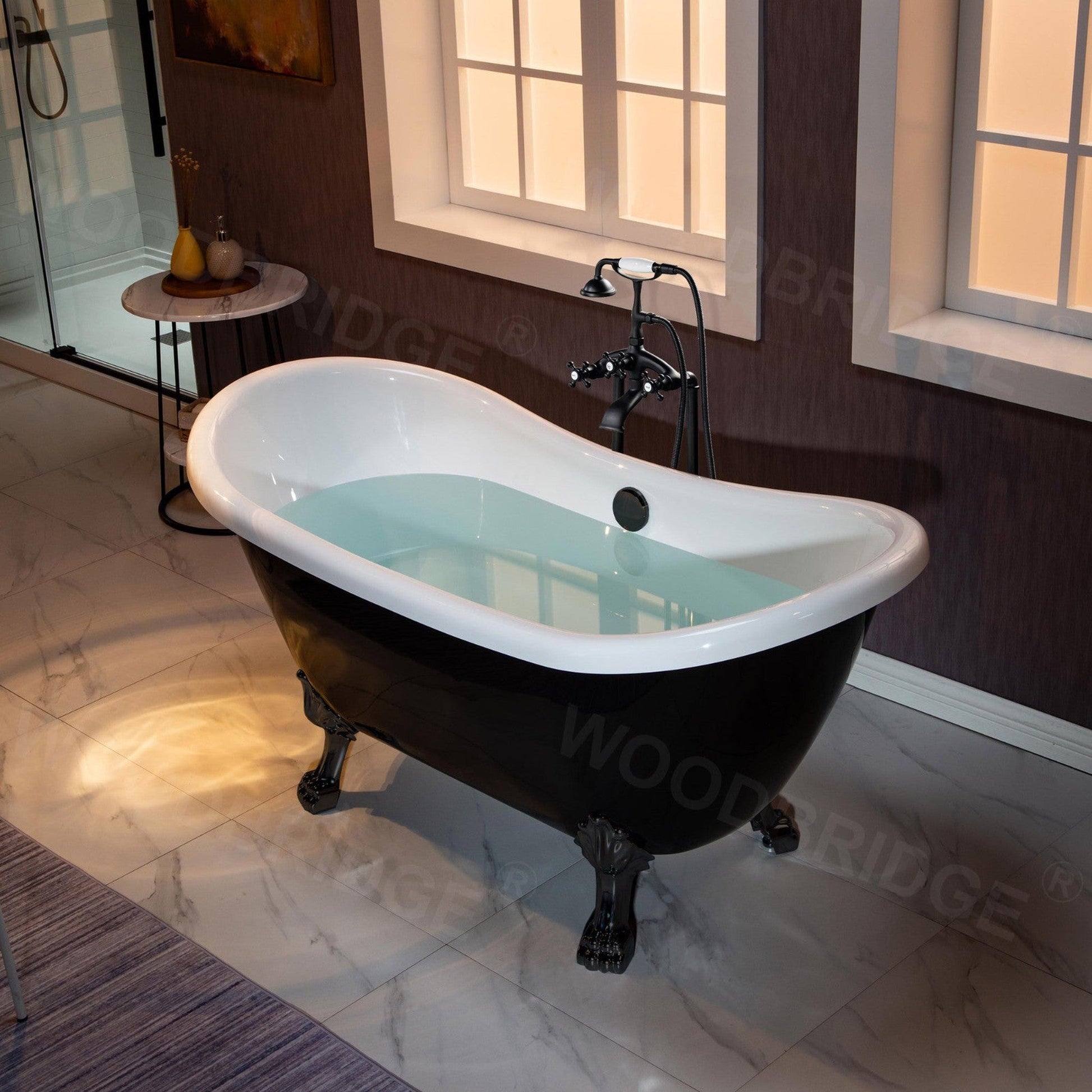 WoodBridge 59" Black Acrylic Double Slipper Clawfoot Bath Tub With Matte Black Feet, Drain, Overflow, F0072MBVT Tub Filler and Caddy Tray