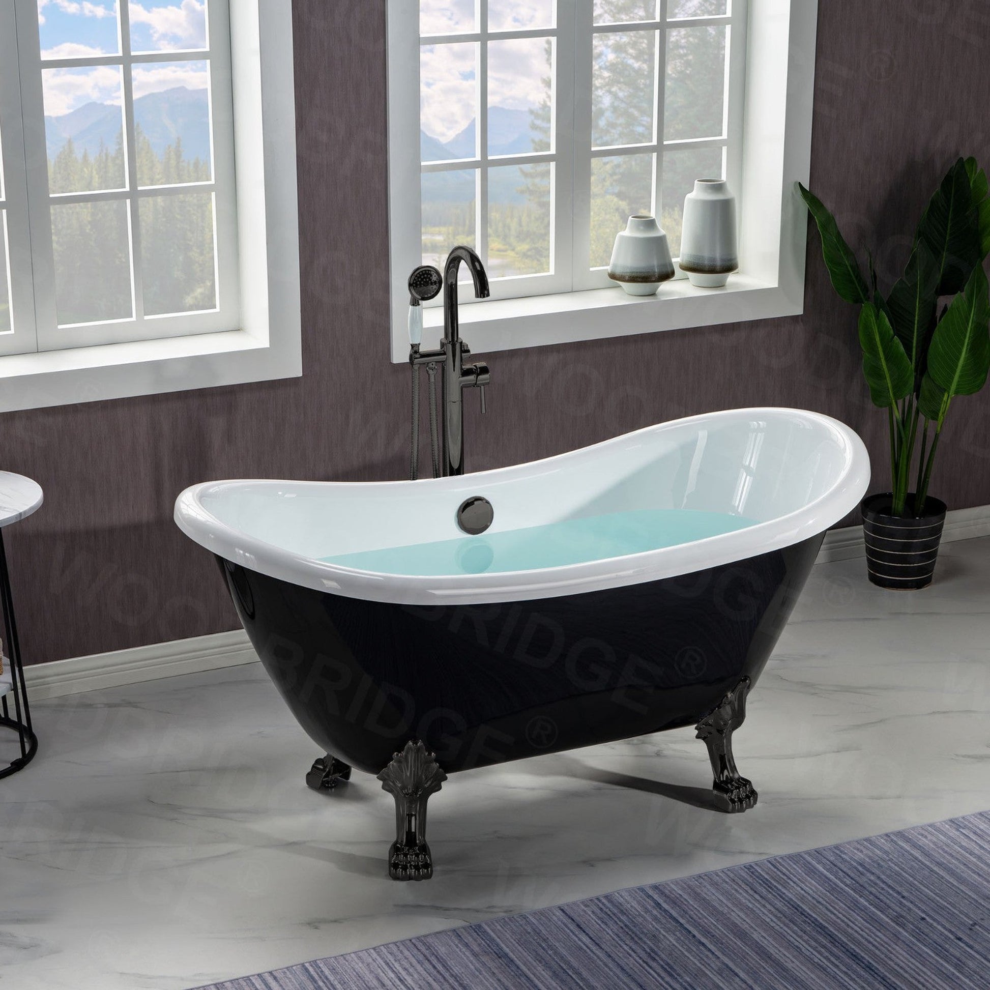 WoodBridge 59" Black Acrylic Double Slipper Clawfoot Bath Tub With Matte Black Feet, Drain and Overflow