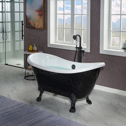 WoodBridge 59" Black Acrylic Double Slipper Clawfoot Bath Tub With Matte Black Feet, Drain and Overflow