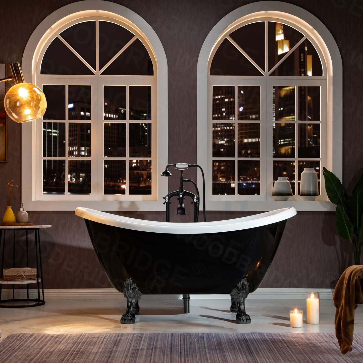 WoodBridge 59" Black Acrylic Double Slipper Clawfoot Bath Tub With Matte Black Feet, Drain and Overflow