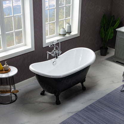 WoodBridge 59" Black Acrylic Double Slipper Clawfoot Bath Tub With Matte Black Feet, Drain and Overflow