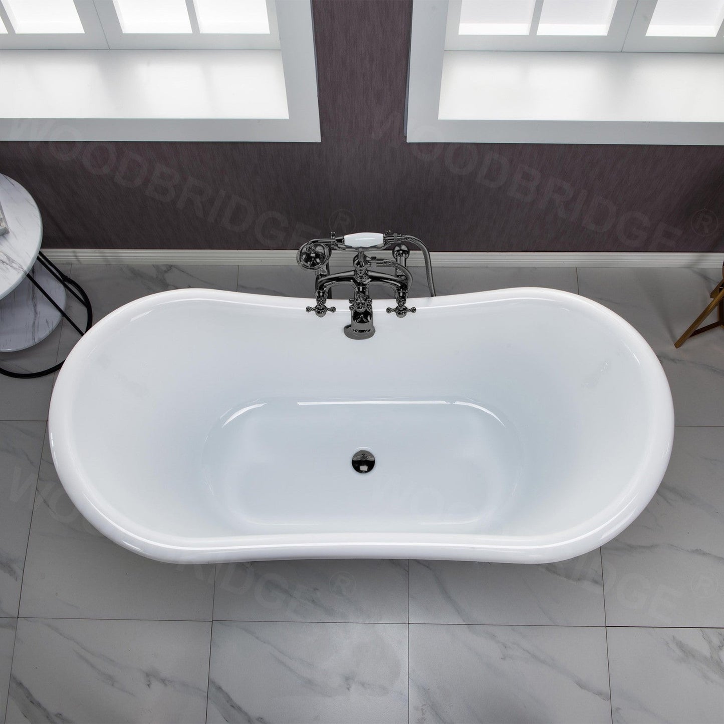 WoodBridge 59" Black Acrylic Double Slipper Clawfoot Bath Tub With Matte Black Feet, Drain and Overflow