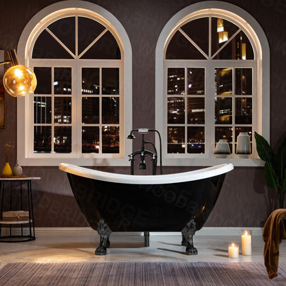 WoodBridge 59" Black Acrylic Double Slipper Clawfoot Bath Tub With Oil Rubbed Bronze Feet, Drain and Overflow