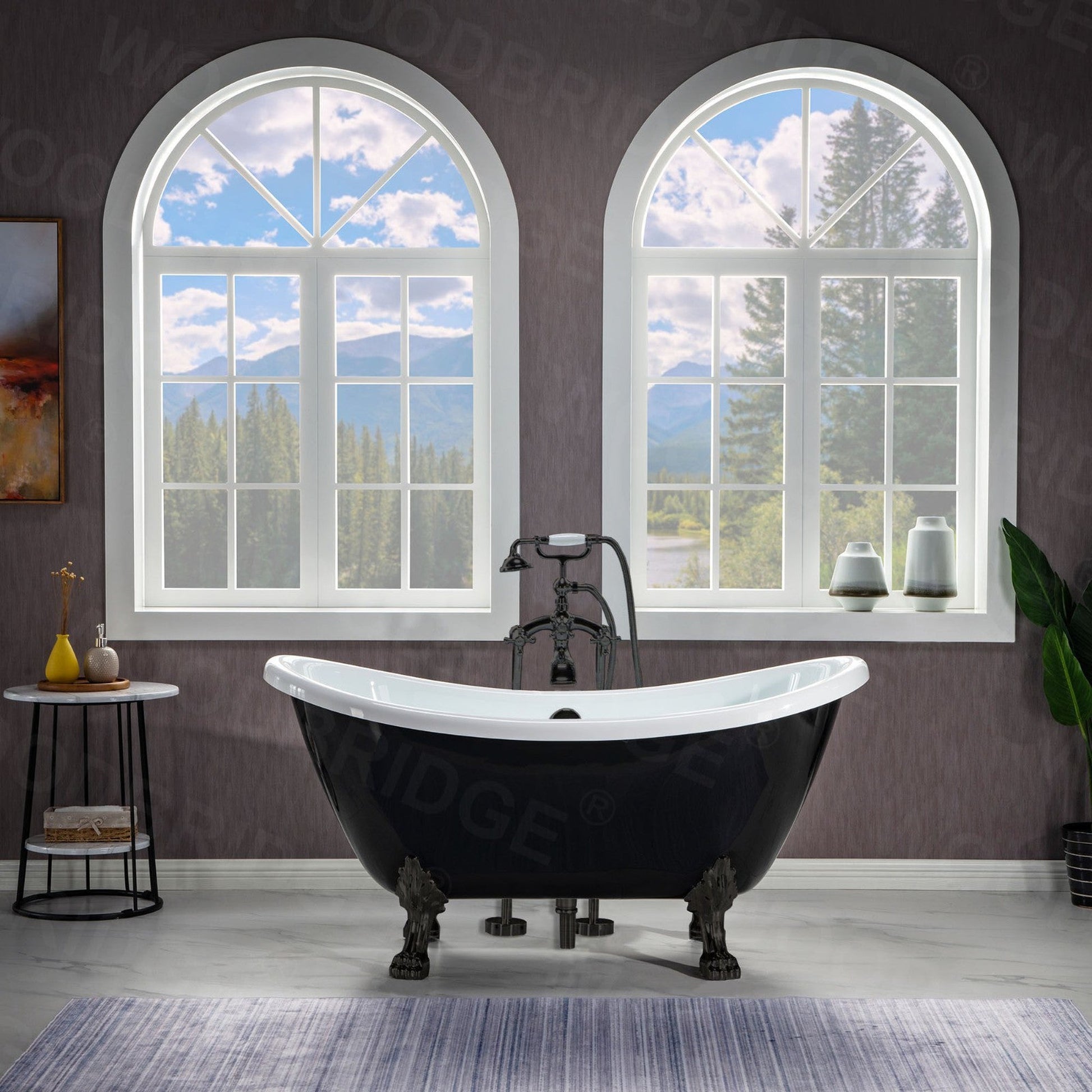 WoodBridge 59" Black Acrylic Double Slipper Clawfoot Bath Tub With Oil Rubbed Bronze Feet, Drain and Overflow