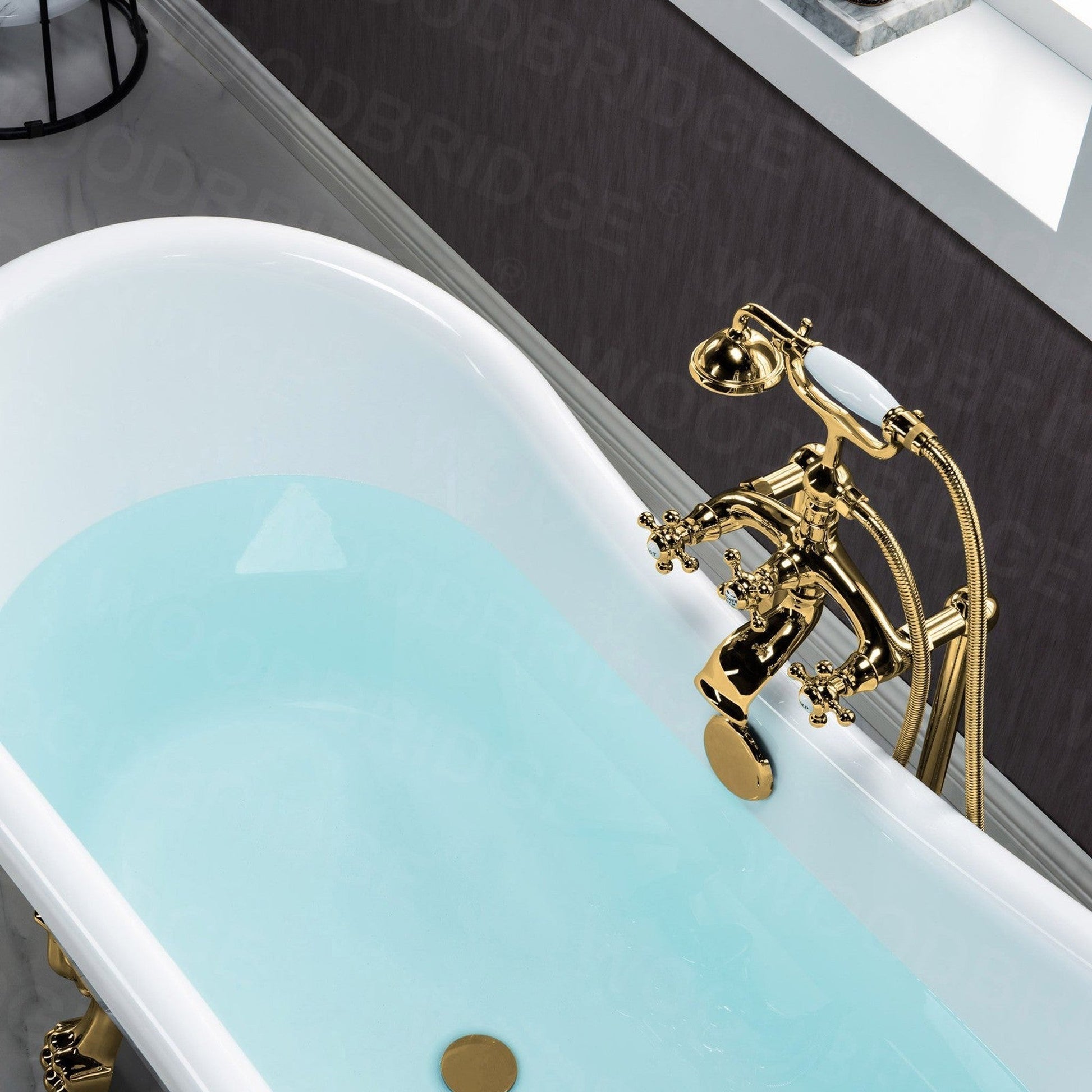 WoodBridge 59" Black Acrylic Double Slipper Clawfoot Bath Tub With Polished Gold Feet, Drain, Overflow, F-0019PG Tub Filler and Caddy Tray