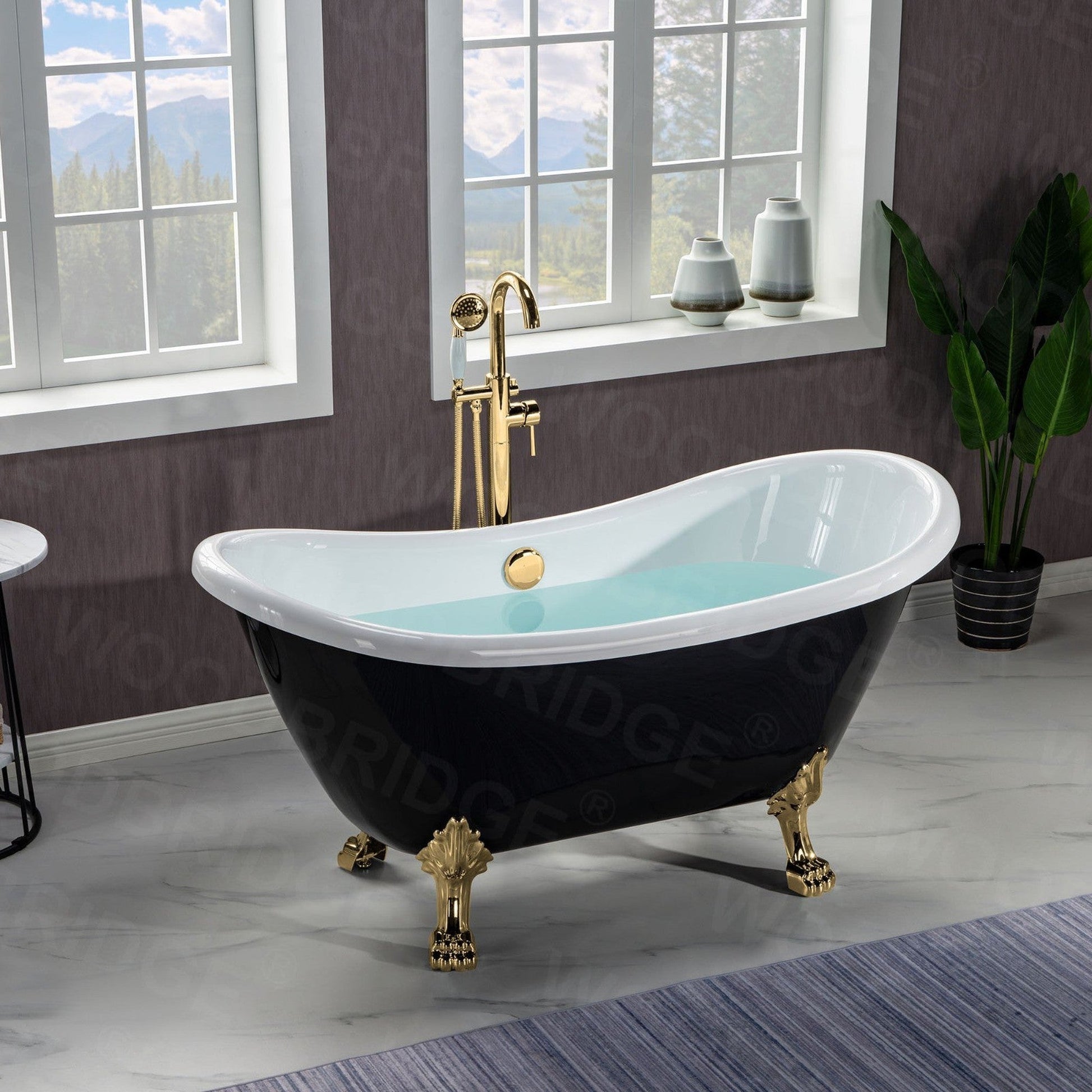 WoodBridge 59" Black Acrylic Double Slipper Clawfoot Bath Tub With Polished Gold Feet, Drain, Overflow, F-0019PG Tub Filler and Caddy Tray