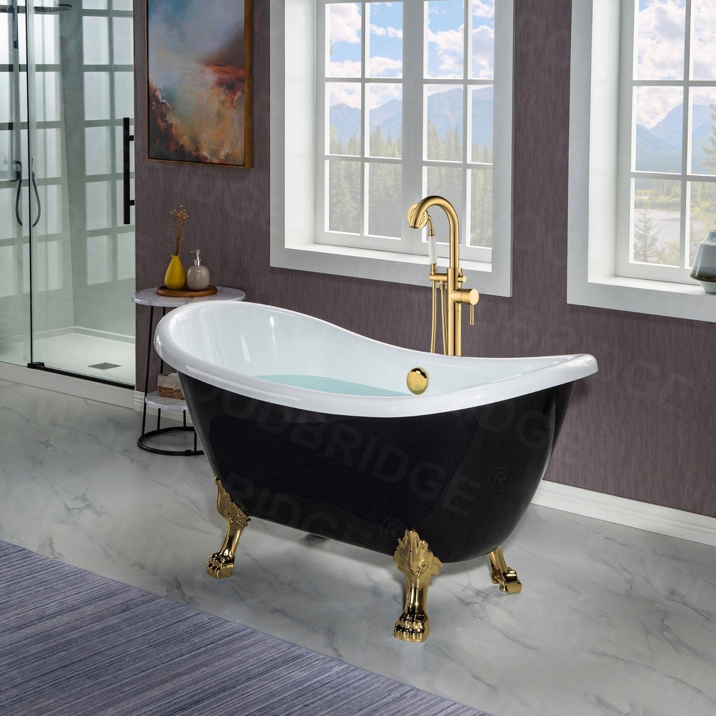 WoodBridge 59" Black Acrylic Double Slipper Clawfoot Bath Tub With Polished Gold Feet, Drain, Overflow, F-0019PG Tub Filler and Caddy Tray