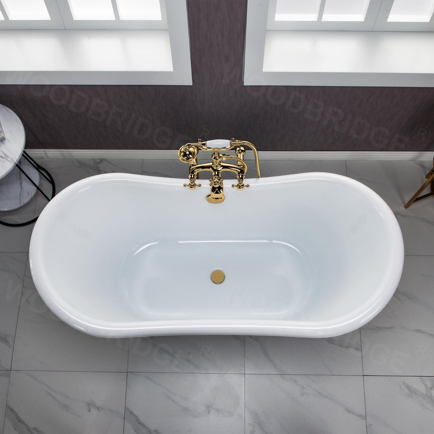 WoodBridge 59" Black Acrylic Double Slipper Clawfoot Bath Tub With Polished Gold Feet, Drain, Overflow, F-0019PG Tub Filler and Caddy Tray