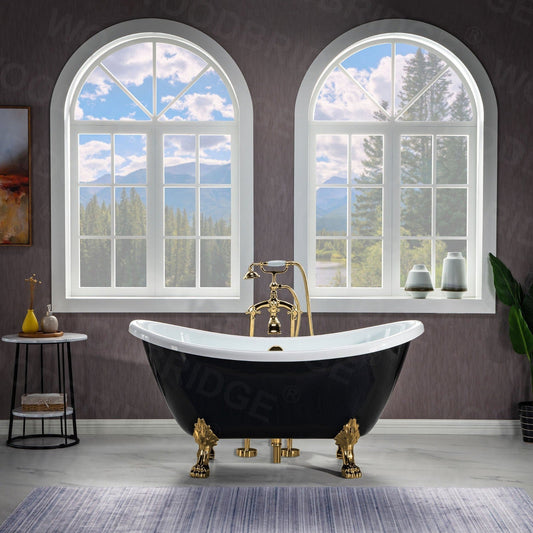 WoodBridge 59" Black Acrylic Double Slipper Clawfoot Bath Tub With Polished Gold Feet, Drain, Overflow, F-0019PG Tub Filler and Caddy Tray