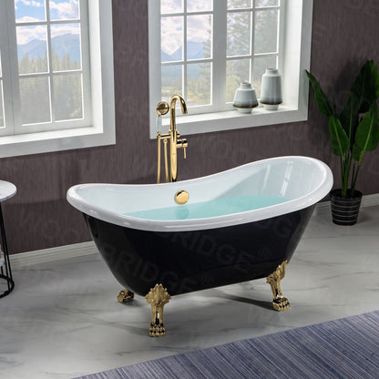 WoodBridge 59" Black Acrylic Double Slipper Clawfoot Bath Tub With Polished Gold Feet, Drain and Overflow