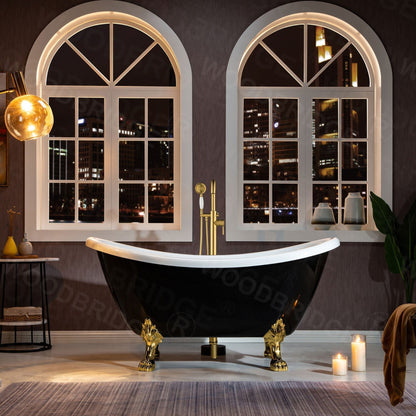 WoodBridge 59" Black Acrylic Double Slipper Clawfoot Bath Tub With Polished Gold Feet, Drain and Overflow