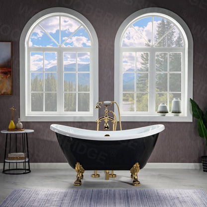 WoodBridge 59" Black Acrylic Double Slipper Clawfoot Bath Tub With Polished Gold Feet, Drain and Overflow