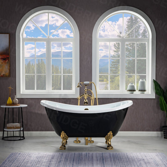 WoodBridge 59" Black Acrylic Double Slipper Clawfoot Bath Tub With Polished Gold Feet, Drain and Overflow