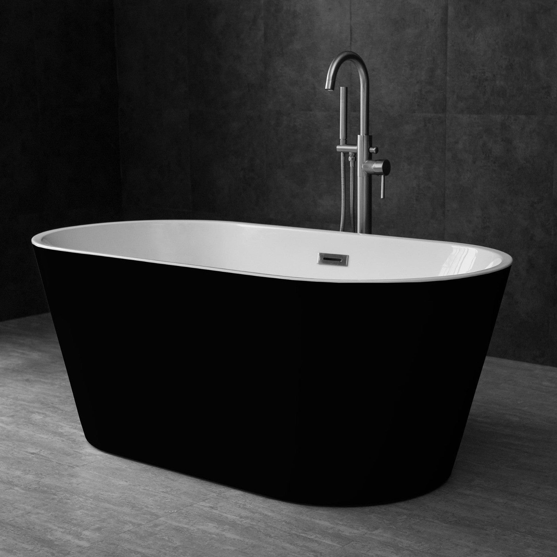WoodBridge 59" Black Acrylic Freestanding Contemporary Soaking Bathtub With Brushed Nickel Drain, Overflow, F-0014 Tub Filler and Caddy Tray