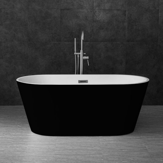 WoodBridge 59" Black Acrylic Freestanding Contemporary Soaking Bathtub With Brushed Nickel Drain, Overflow, F0040BN Tub Filler and Caddy Tray