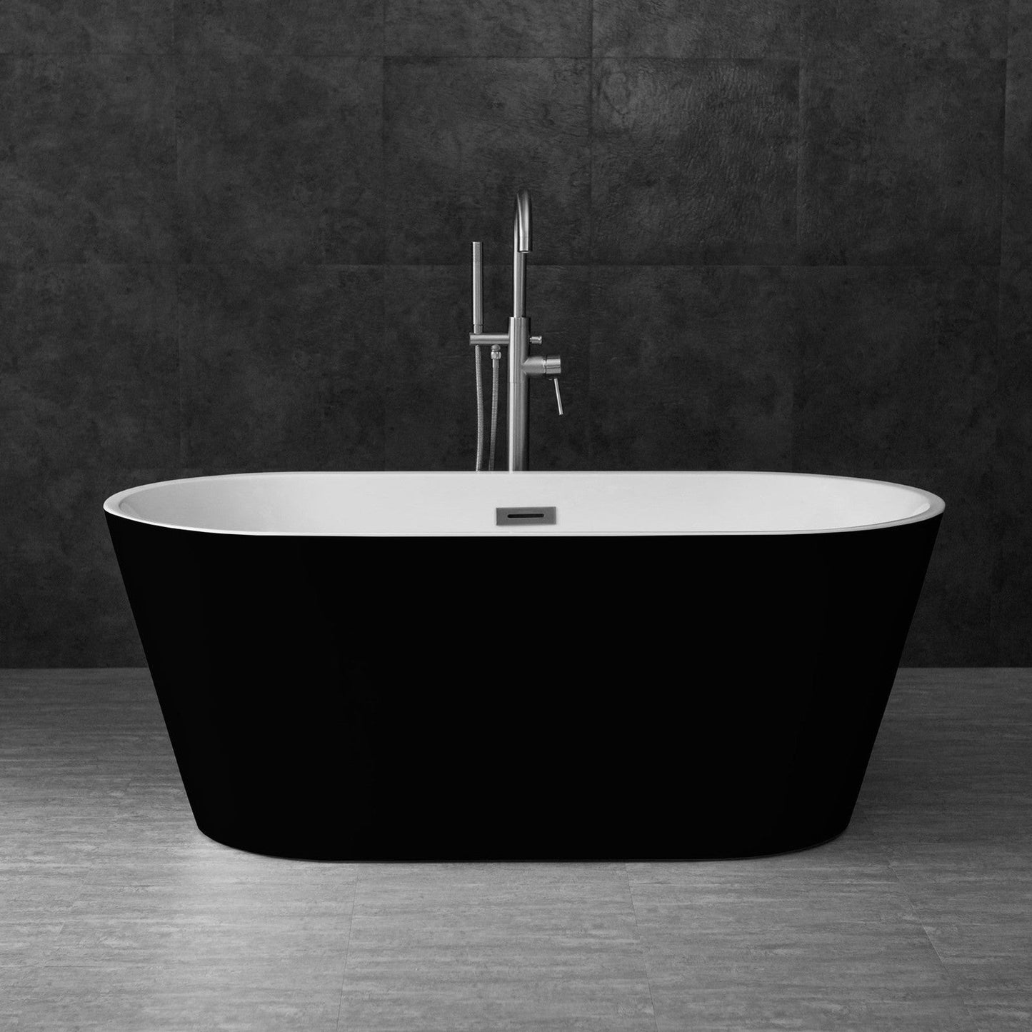 WoodBridge 59" Black Acrylic Freestanding Contemporary Soaking Bathtub With Brushed Nickel Drain, Overflow, F0070BNDR Tub Filler and Caddy Tray