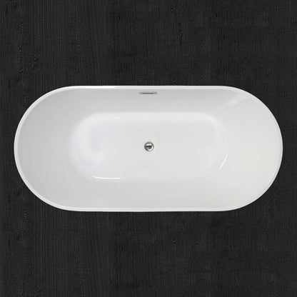 WoodBridge 59" Black Acrylic Freestanding Contemporary Soaking Bathtub With Brushed Nickel Drain, Overflow, F0070BNRD Tub Filler and Caddy Tray